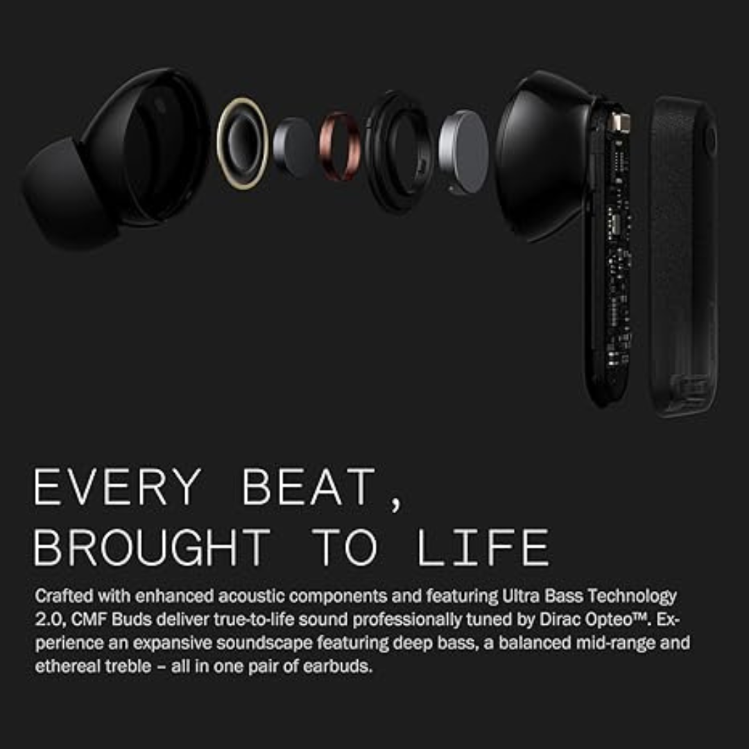 CMF Buds with Active Noise Cancellation, Ultra Bass, 35.5-Hr Playtime & Rapid Charging — Wireless Earbuds for Clear Audio & Comfort