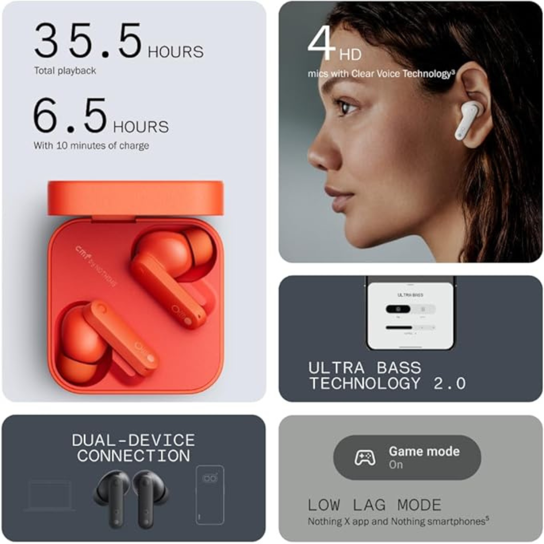 CMF Buds with Active Noise Cancellation, Ultra Bass, 35.5-Hr Playtime & Rapid Charging — Wireless Earbuds for Clear Audio & Comfort