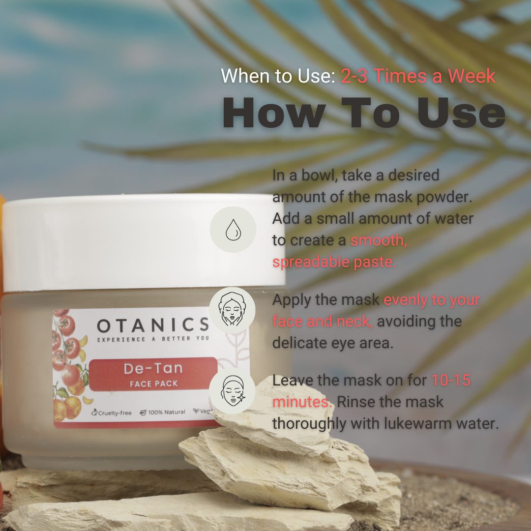 Image showing how to use Otanics De-Tan Face Pack. The instructions displayed are: 1) In a bowl, take the desired amount of mask powder and add a small amount of water to create a smooth, spreadable paste. 2) Apply the mask evenly to your face and neck, avoiding the delicate eye area. 3) Leave the mask on for 10-15 minutes, then rinse with lukewarm water. The jar of De-Tan face pack is shown with a label that indicates it is cruelty-free, 100% natural, and vegan.