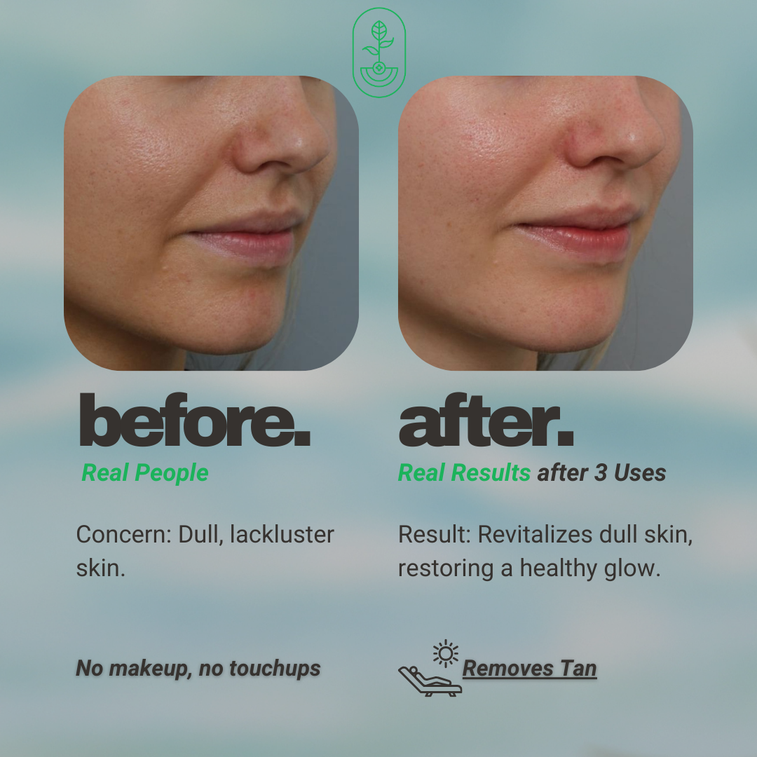 Before and after image showing the results of using Otanics De-Tan Face Pack. The left side shows the 'before' image with dull, lackluster skin, while the right side shows the 'after' image, showcasing revitalized skin with a healthy glow after 3 uses. Both images emphasize that no makeup or touchups were used. Text highlights the skin concern and the product's effectiveness in removing tan and brightening skin.