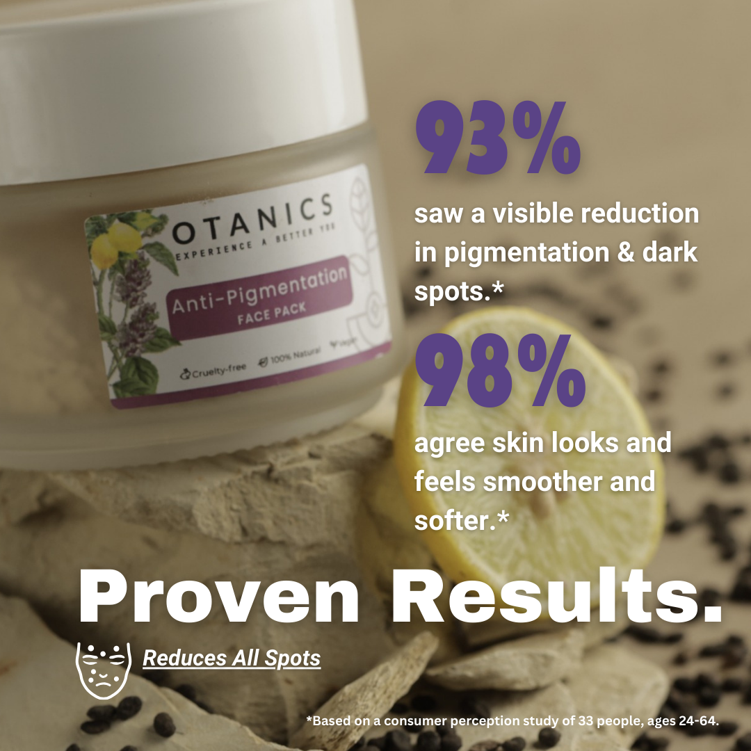 Image of Otanics Anti-Pigmentation Face Pack jar with a white lid and a clear label. The label reads 'Otanics Anti-Pigmentation Face Pack' with a purple background, and includes icons indicating the product is cruelty-free, 100% natural, and vegan. The jar is placed on a textured surface, next to a lemon slice, with bold text 'Proven Results.' Consumer statistics show that 93% saw a visible reduction in pigmentation and dark spots, and 98% agreed their skin looks and feels smoother and softer.