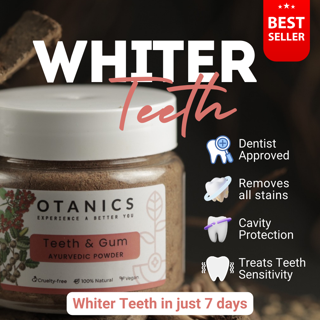 Otanics Advance+ Teeth Whitening Powder product image with 100% Natural Icon, white background, and ‘Visibly Whiter Teeth in just 7 days’ text at the bottom