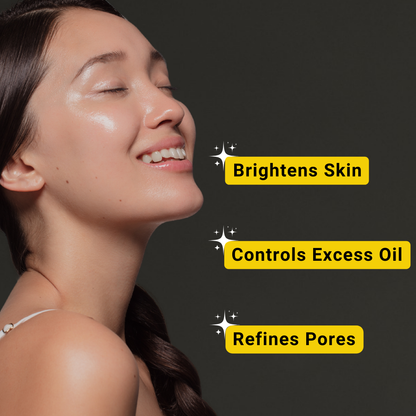 Image of a woman with radiant skin, smiling and looking upwards, showcasing a healthy glow. Three yellow text boxes display the benefits of the Otanics Radiant Skin Face Pack: 'Brightens Skin,' 'Controls Excess Oil,' and 'Refines Pores.' The background is dark, emphasizing the product's ability to enhance skin brightness, control oil, and refine pores.