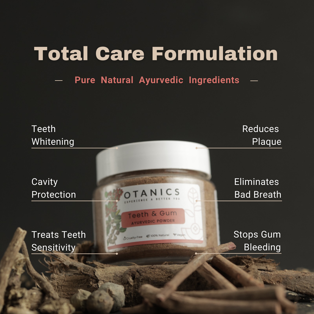 Otanics Teeth Whitening Powder with benefits: Total Care Formulation, Pure Natural Ayurvedic Ingredients, and features like Teeth Whitening, Cavity Protection, Reduces Plaque, Eliminates Bad Breath, and Stops Gum Bleeding