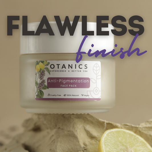 Image of the Otanics Anti-Pigmentation Face Pack jar with a white lid and a clear label. The label reads 'Otanics Anti-Pigmentation Face Pack' with a purple background, and includes icons indicating the product is cruelty-free, 100% natural, and vegan. The jar is placed on a textured surface, accompanied by a lemon slice, with the bold text 'FLAWLESS finish' displayed prominently above.