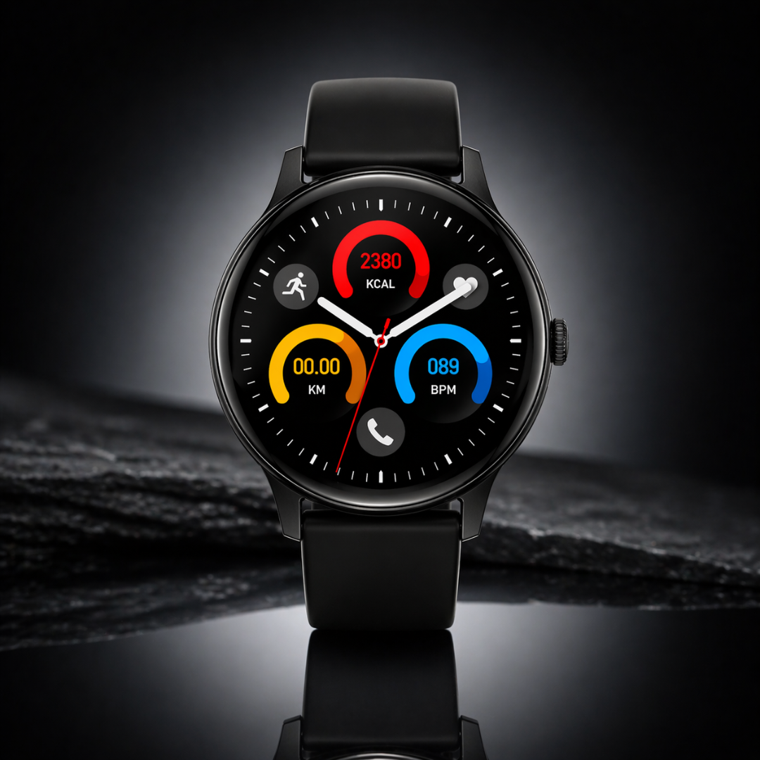 Foscous S6 Elite premium black smartwatch with round dial and fitness tracking features