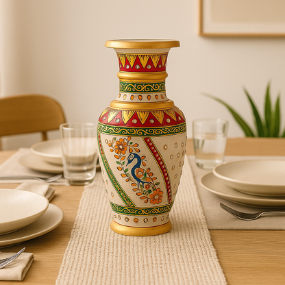 Heritage Harmony Marble Vase – Hand-Painted Floral Motifs with Golden Accents