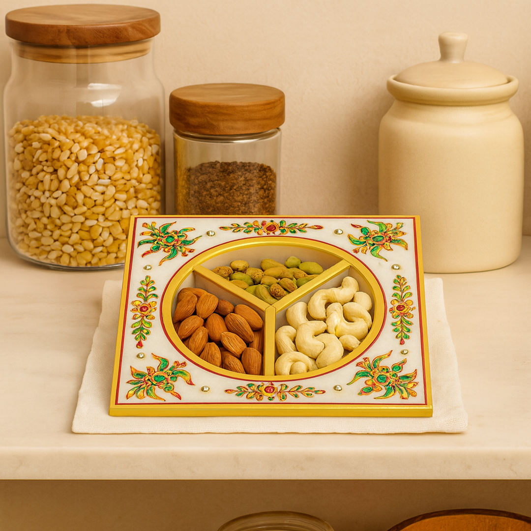 Anant Utsav Marble Dry Fruit Tray – Hand-Painted Festive Gift & Home Decor