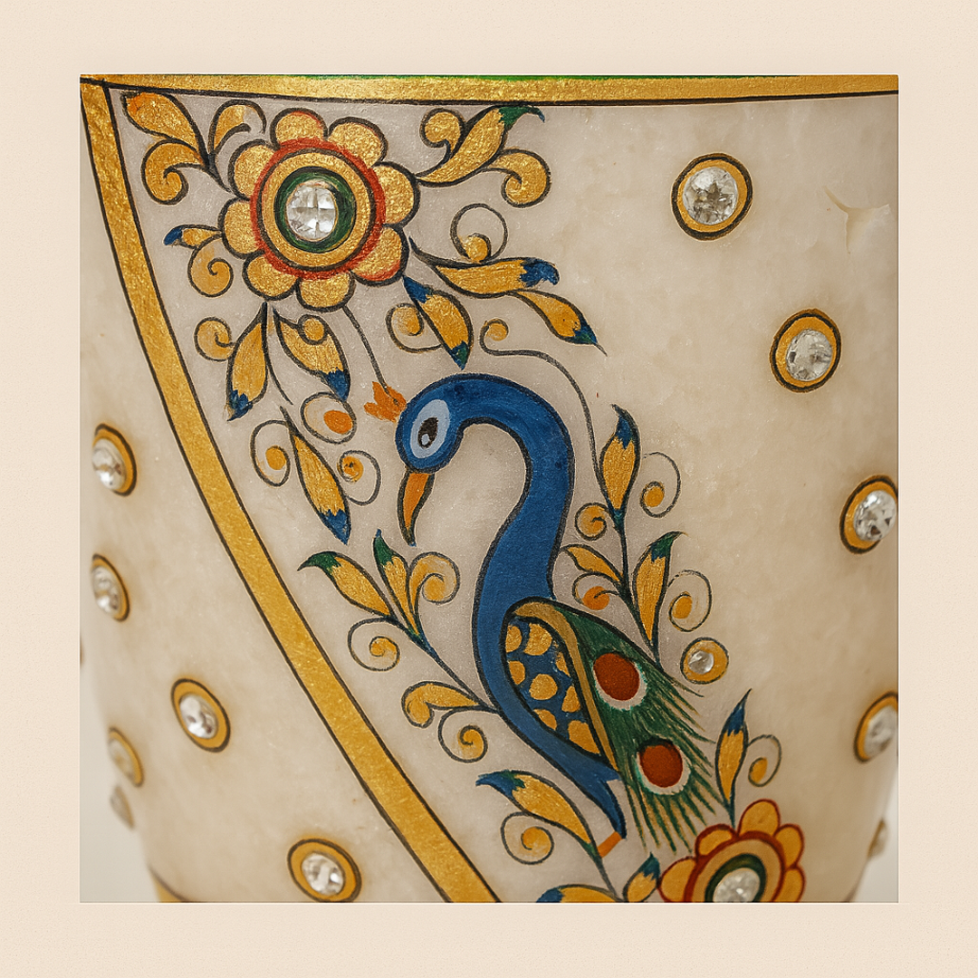 Heritage Harmony Marble Vase – Hand-Painted Floral Motifs with Golden Accents