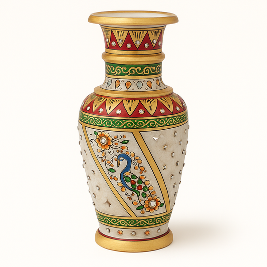 Heritage Harmony Marble Vase – Hand-Painted Floral Motifs with Golden Accents