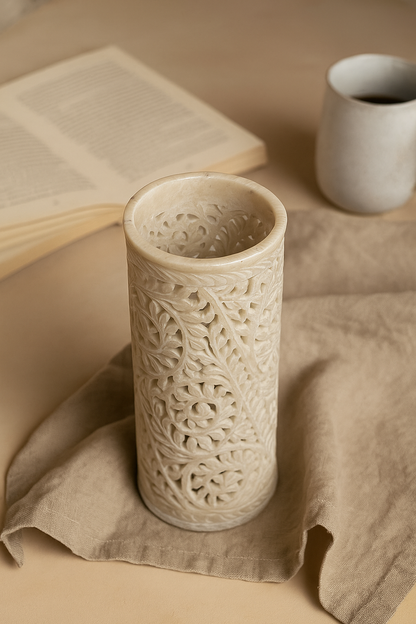 Jharokha Charm Marble Vase – Hand-Carved Jali Work Inspired by Royal Palaces