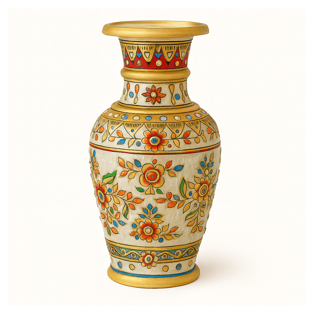 Heritage Harmony Marble Vase – Hand-Painted Floral Motifs with Golden Accents