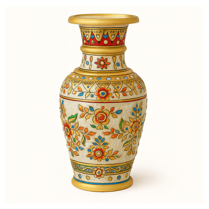 Heritage Harmony Marble Vase – Hand-Painted Floral Motifs with Golden Accents