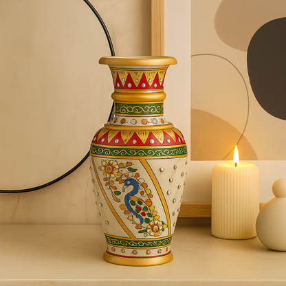 Heritage Harmony Marble Vase – Hand-Painted Floral Motifs with Golden Accents