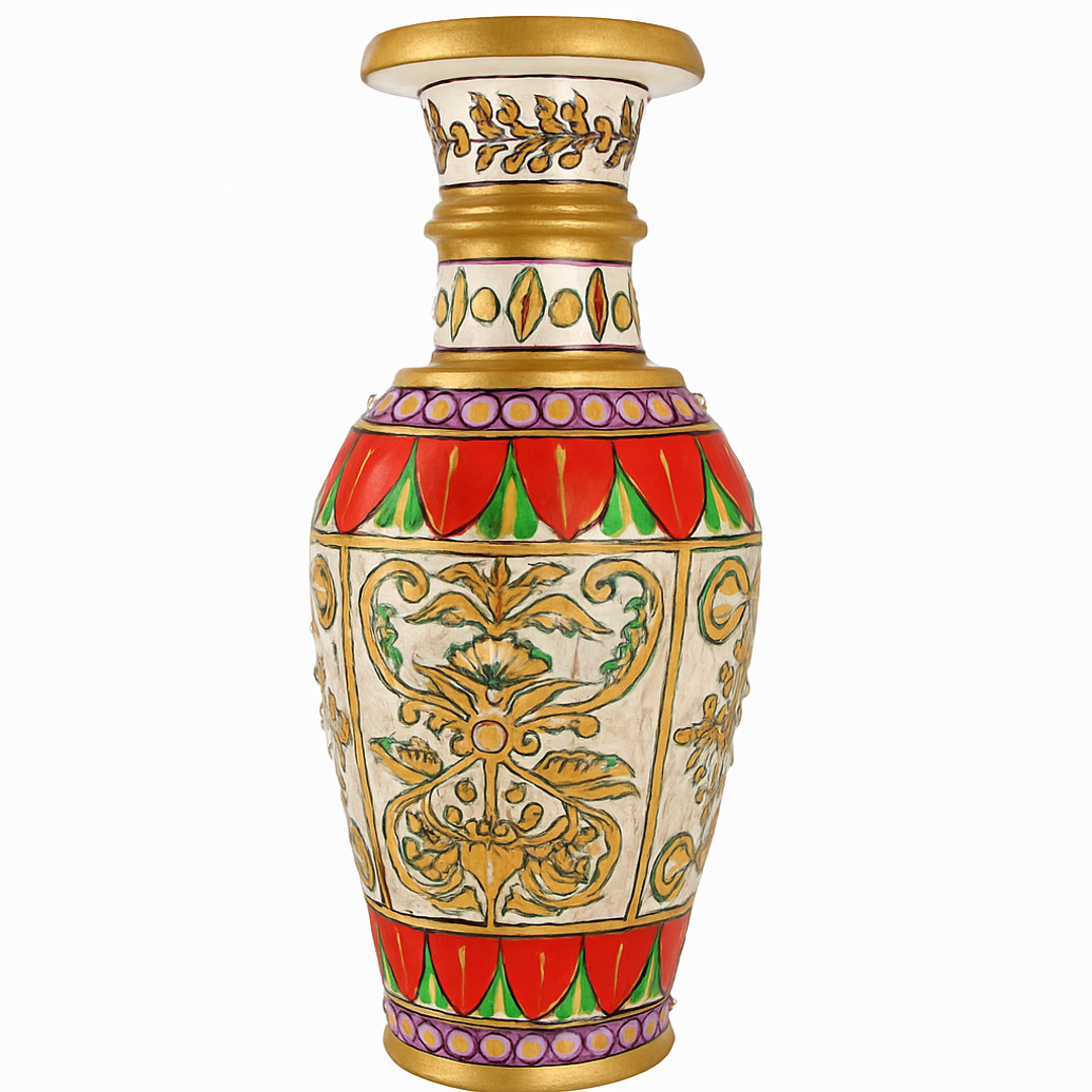 Heritage Harmony Marble Vase – Hand-Painted Floral Motifs with Golden Accents