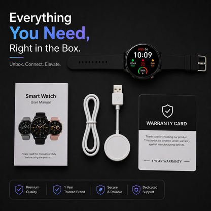 Premium round dial smartwatch with magnetic charger, user manual and 1-year warranty card – everything included in the box