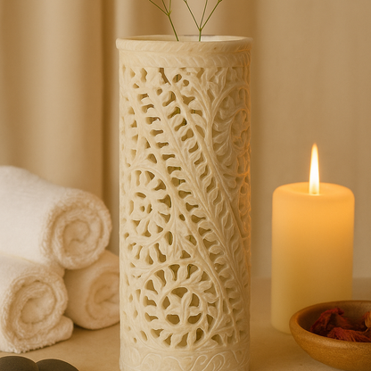 Jharokha Charm Marble Vase – Hand-Carved Jali Work Inspired by Royal Palaces