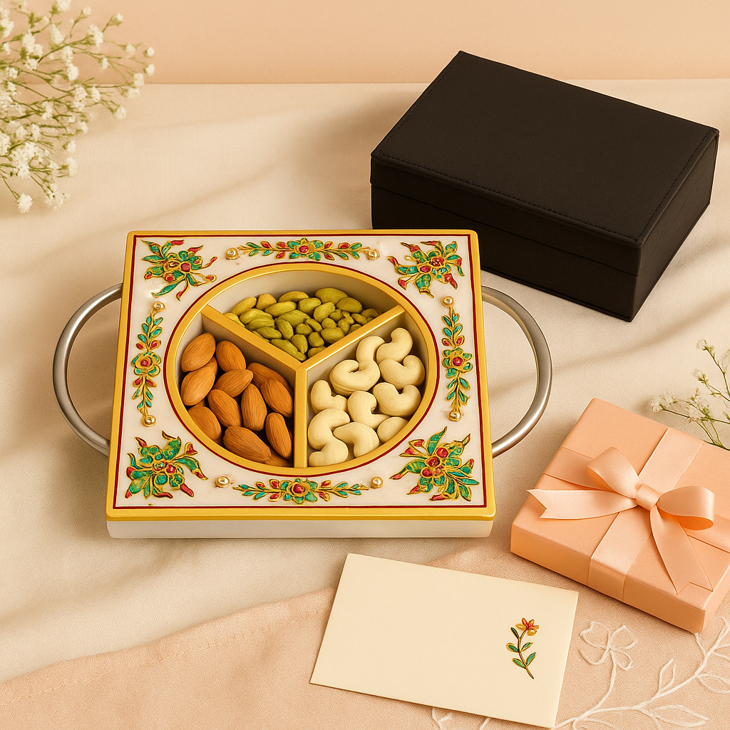 Anant Utsav Marble Dry Fruit Tray – Hand-Painted Festive Gift & Home Decor